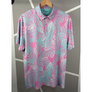 Birdie Bound Polo Shirt Men's Large Pink Teal Palm Leaf Print Golf Stretch